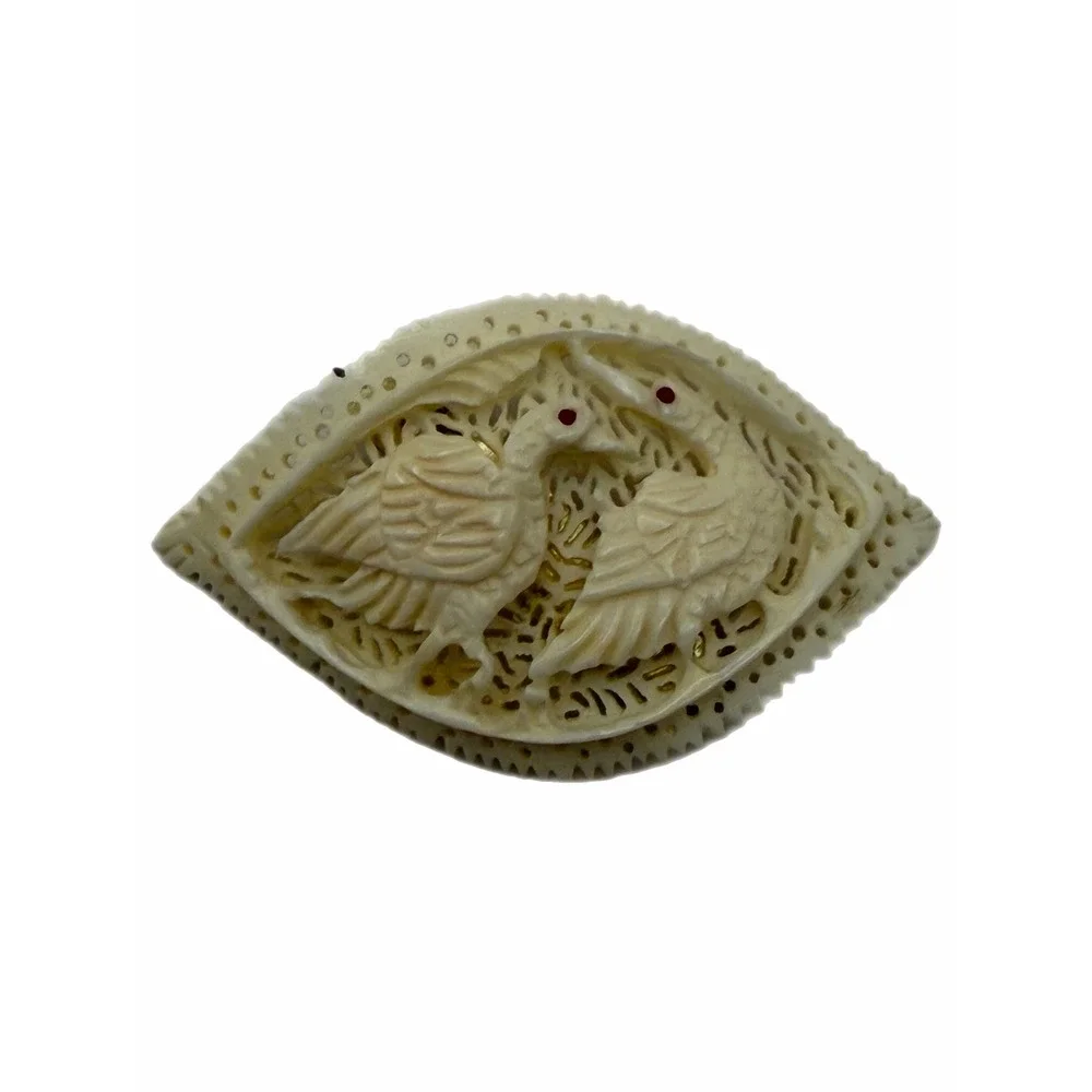 Vintage Hand Carved Bovine Bone Bird Brooch Pierced Openwork Cream Trombone